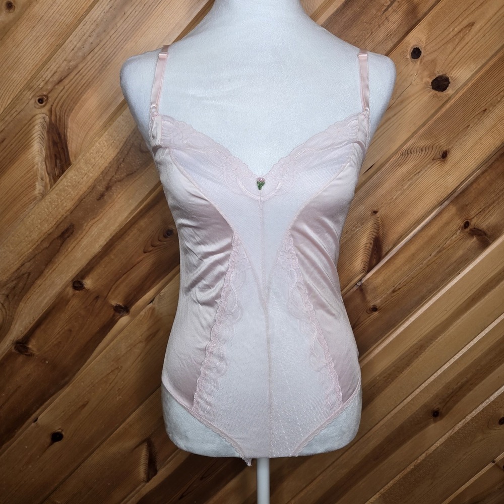 Vtg Union Made Maidenform Nylon Blush Pink Lace Bodyuit Sz 32 Small ILGWU